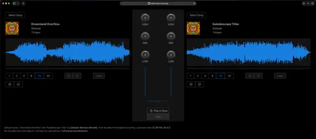 WebDJ with two audio decks, waveforms, EQ and mixing controls